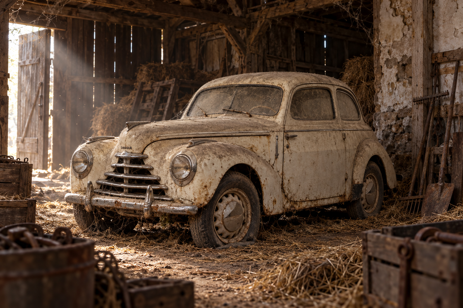 Zaprášená ŠKODA 1101 Tudor ve zanedbané stodole se senem a starým nářadím