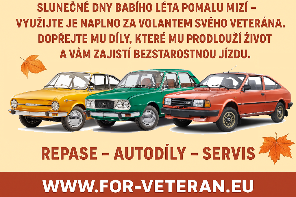 Babí léto za volantem veterána: podzimní banner ForVeteran se třemi vozy ŠKODA a nabídkou dílů, repasí a servisu.