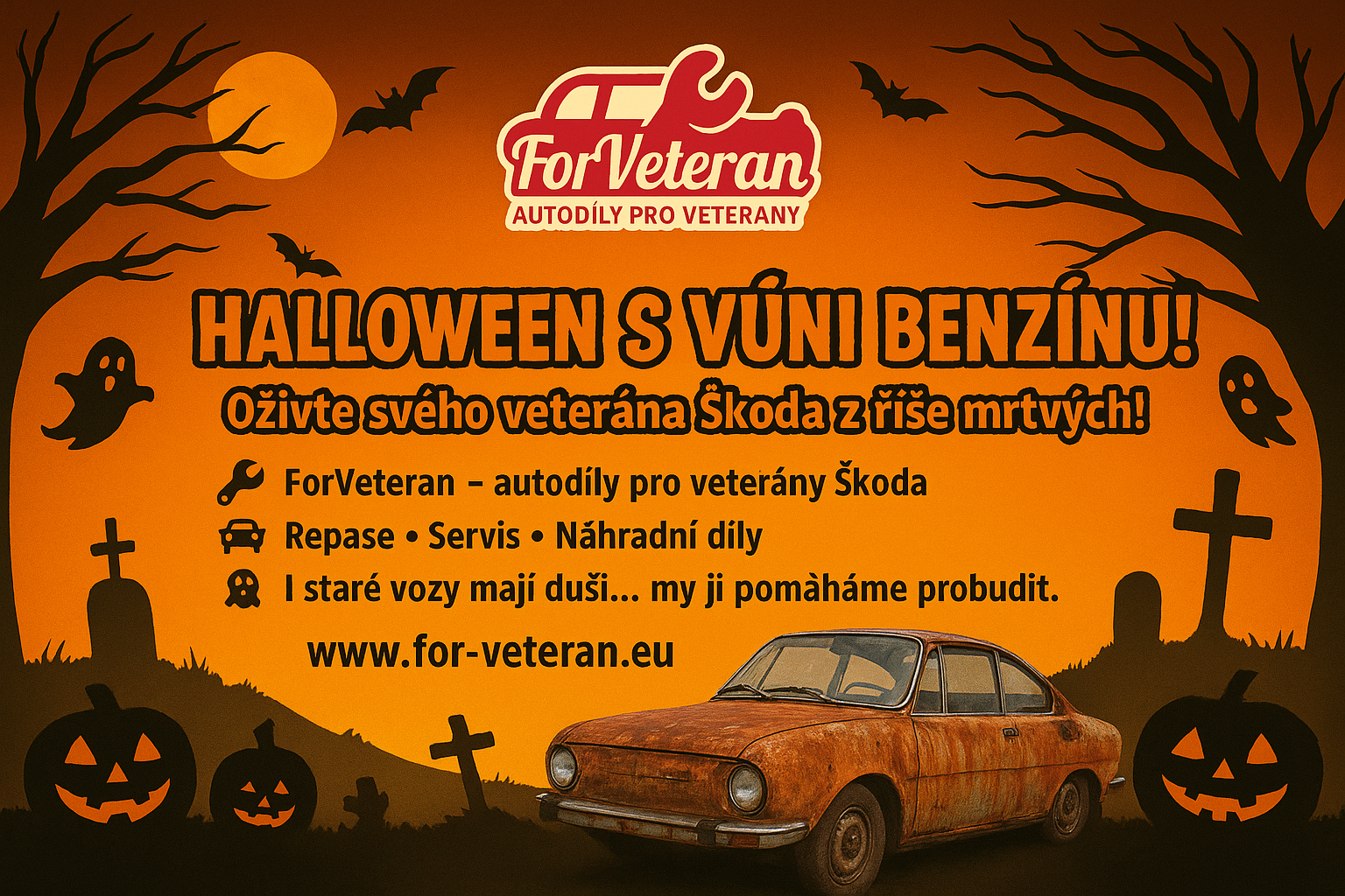 Halloween s vůní benzínu: banner ForVeteran s veteránem ŠKODA, dýněmi a netopýry.
