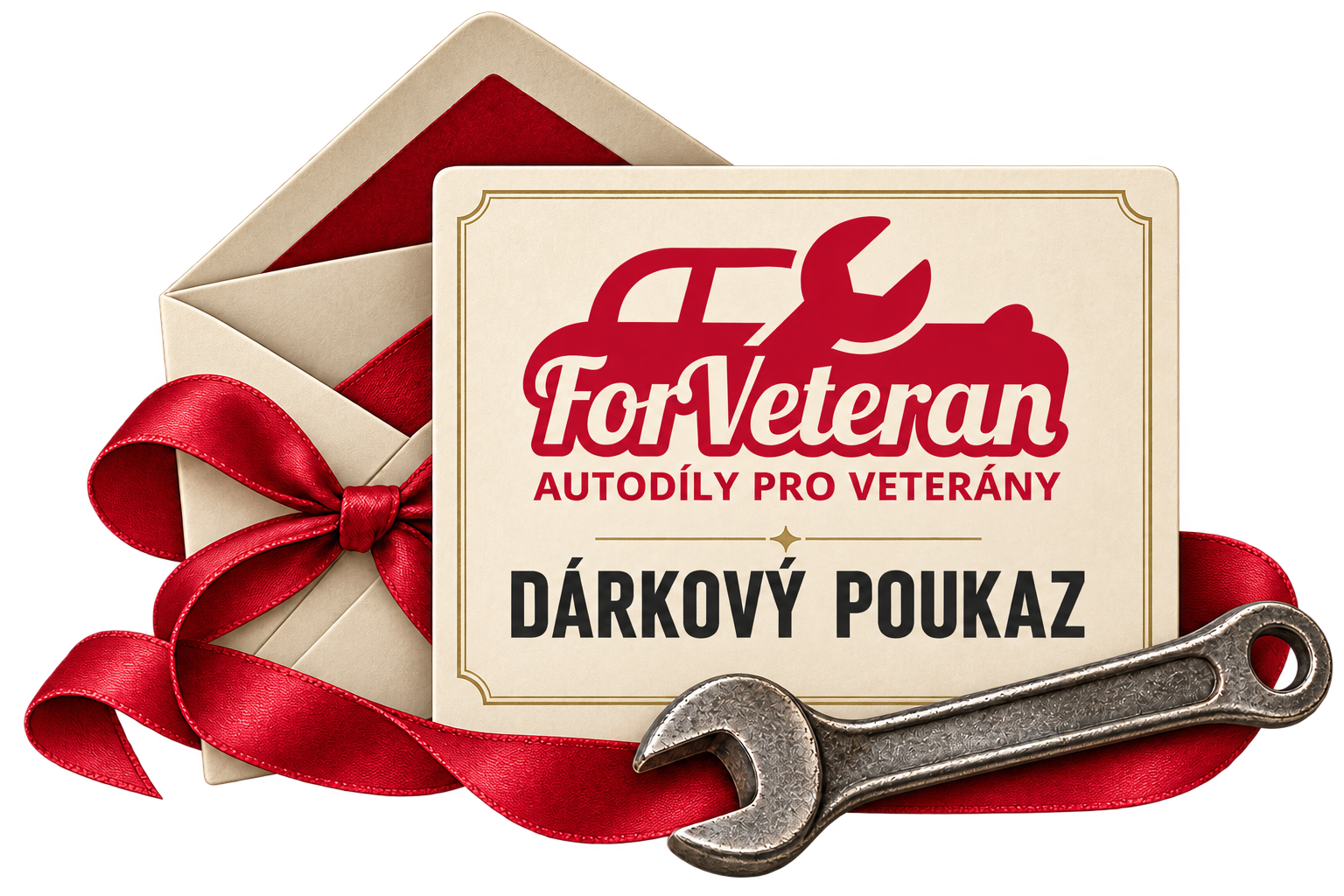 Dárkový poukaz ForVeteran s obálkou, červenou stuhou a klíčem