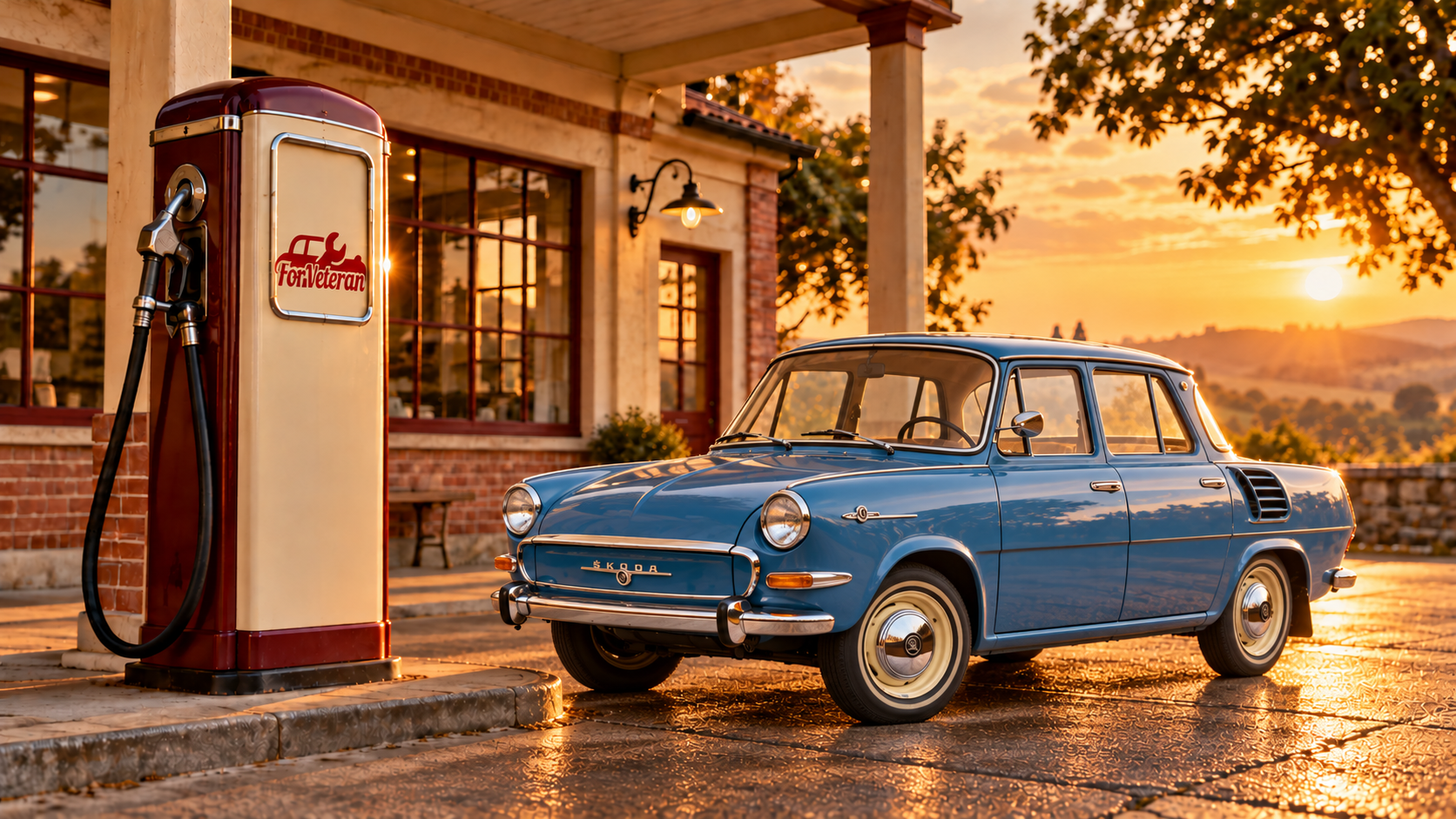 Modrá ŠKODA 1000 MB u retro čerpací stanice s logem ForVeteran na stojanu při západu slunce