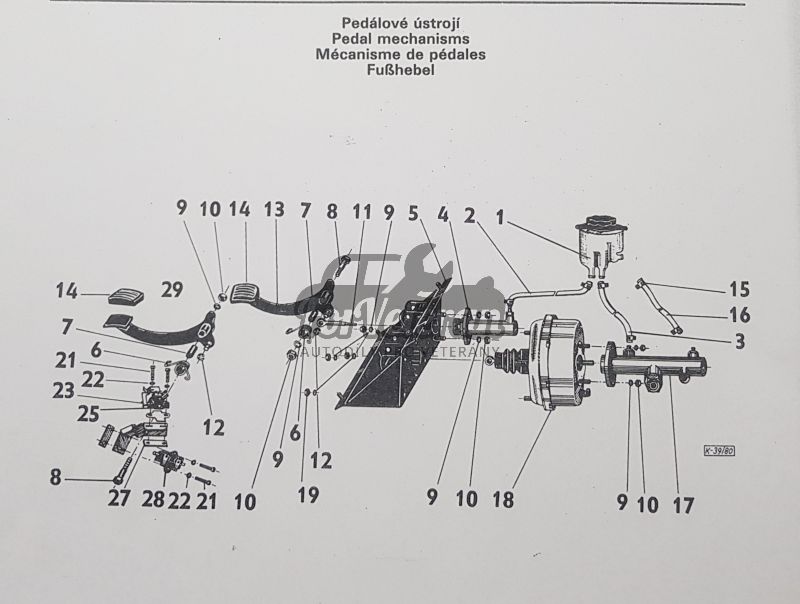 Konzole pedálů úplná "komplet" pedálovka ŠKODA 105, 120 - s posilovačem ; 113520111